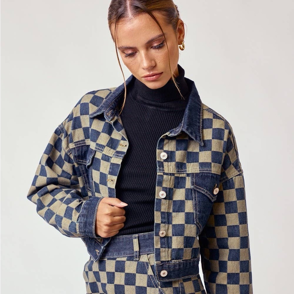 Blue Blush - CHECKERED BUTTON UP CROP DENIM JACKET